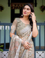 Beige Pure Cotton Linen Saree with Geometric and Leaf Pattern, Blouse, and Tassels