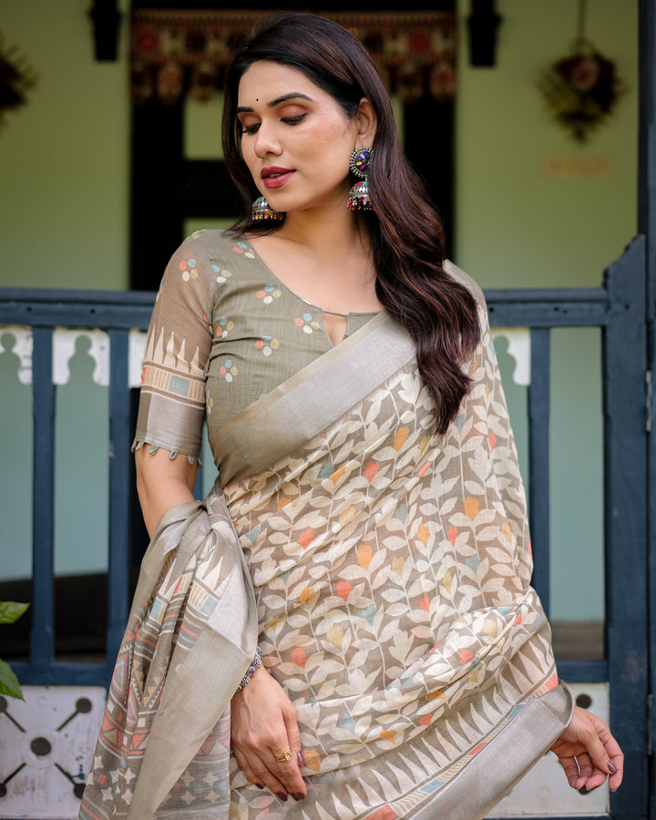 Beige Pure Cotton Linen Saree with Geometric and Leaf Pattern, Blouse, and Tassels