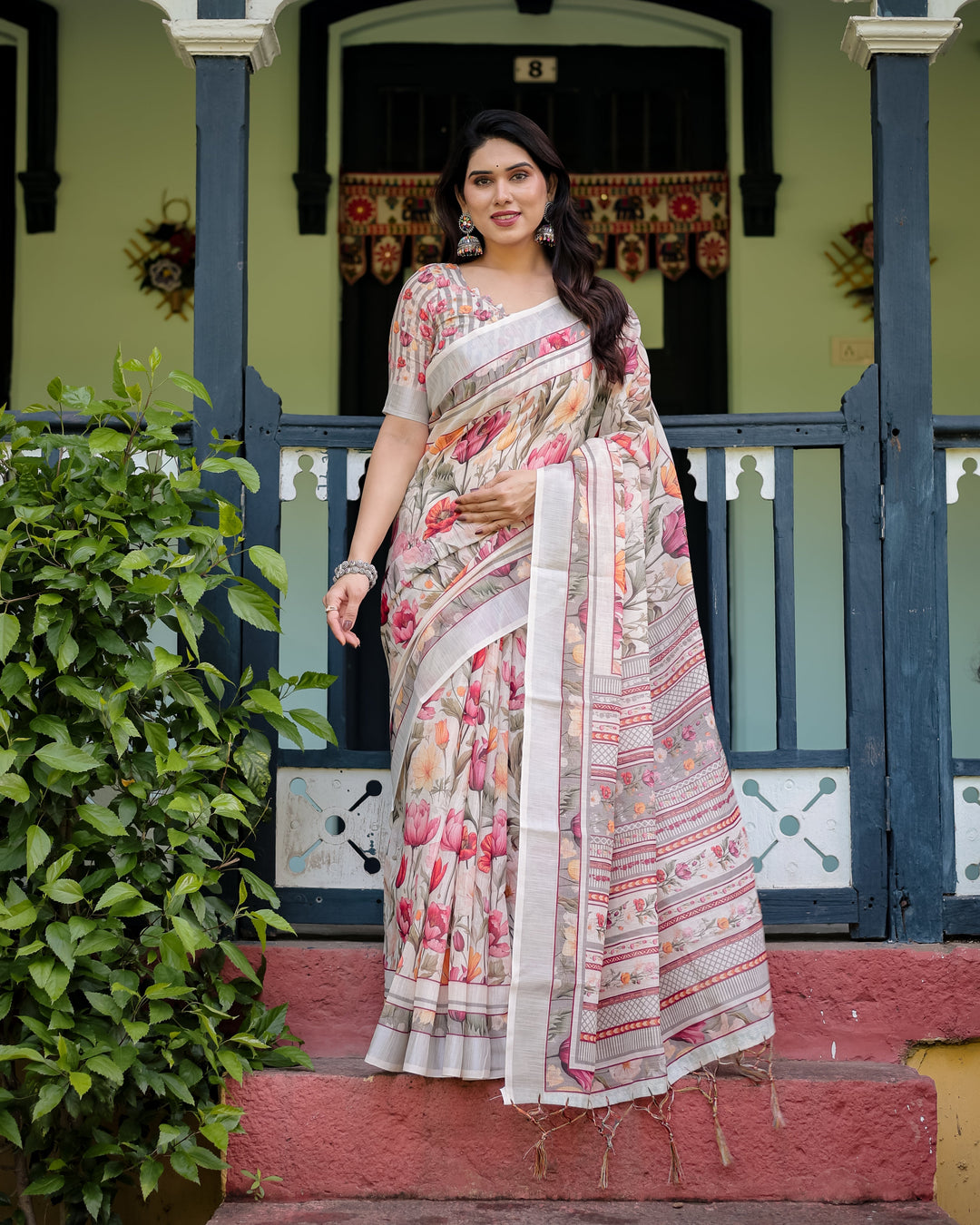 Elegant Floral Print Pure Cotton Linen Saree in Ivory with Multi-Color Florals and Tassels