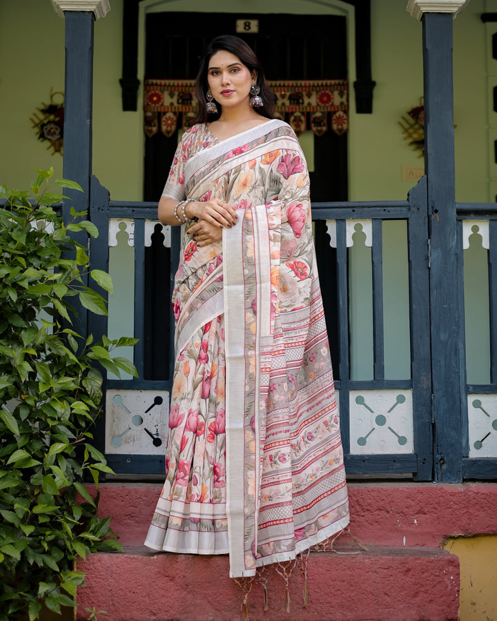 Elegant Floral Print Pure Cotton Linen Saree in Ivory with Multi-Color Florals and Tassels