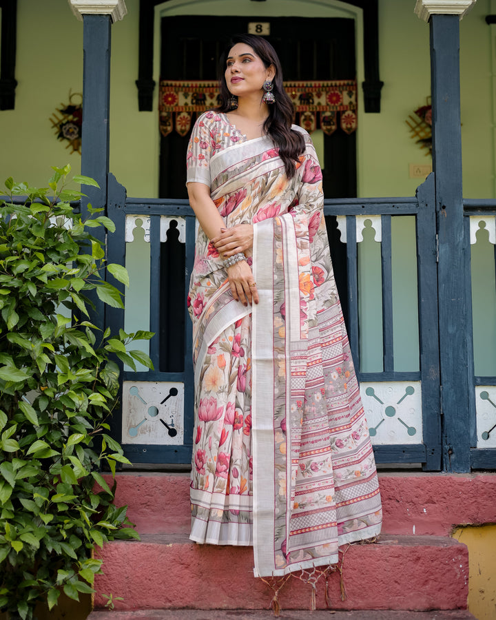 Elegant Floral Print Pure Cotton Linen Saree in Ivory with Multi-Color Florals and Tassels