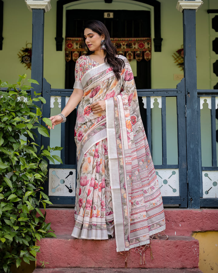 Elegant Floral Print Pure Cotton Linen Saree in Ivory with Multi-Color Florals and Tassels