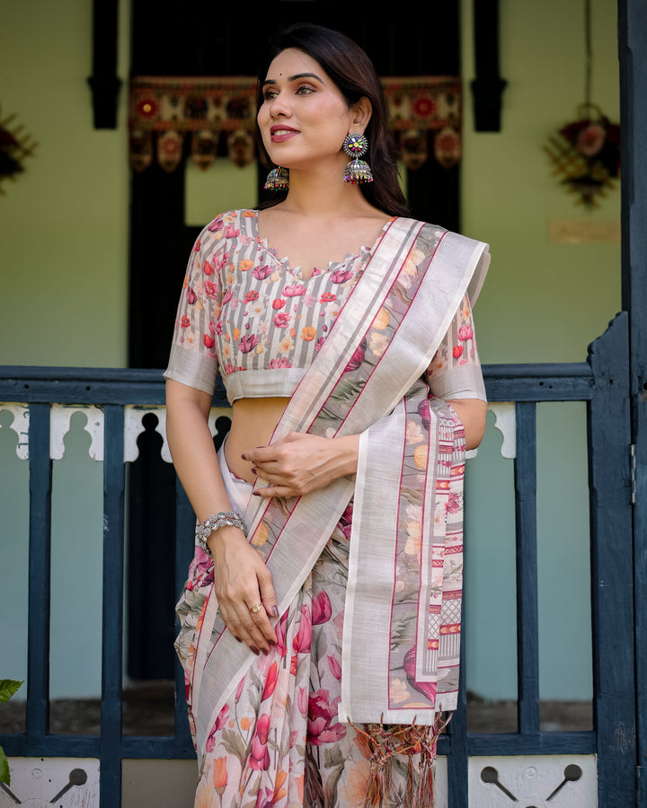 Elegant Floral Print Pure Cotton Linen Saree in Ivory with Multi-Color Florals and Tassels