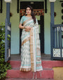 Beige With Aqua Pure Cotton Linen Saree with Geometric Floral Design and Tassels on Edges