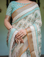 Beige With Aqua Pure Cotton Linen Saree with Geometric Floral Design and Tassels on Edges