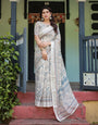 Beige and Blue Floral Printed Pure Cotton Linen Saree with Blouse and Tassels