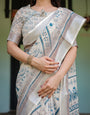 Beige and Blue Floral Printed Pure Cotton Linen Saree with Blouse and Tassels