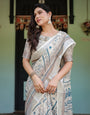 Beige and Blue Floral Printed Pure Cotton Linen Saree with Blouse and Tassels