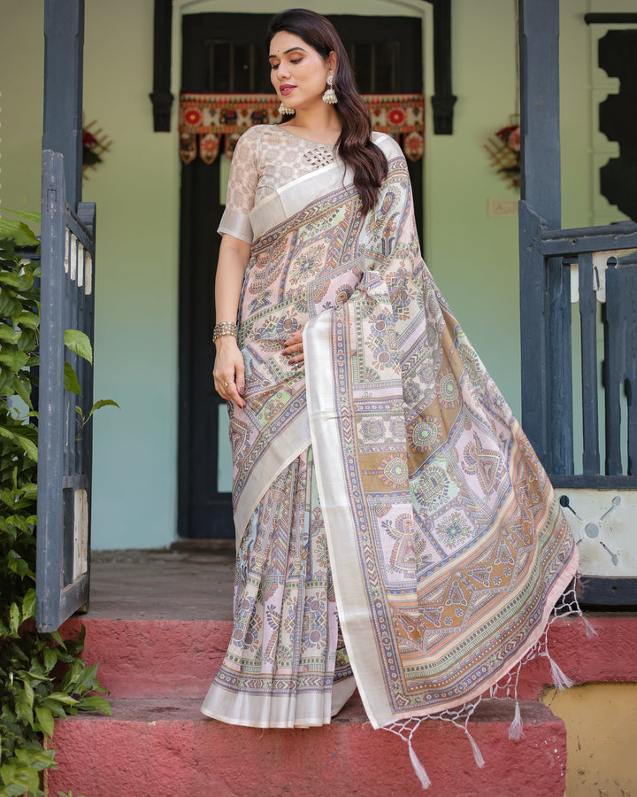 Cream and Pastel Multicolour Printed Pure Cotton Linen Saree with Blouse and Tassels on Edges