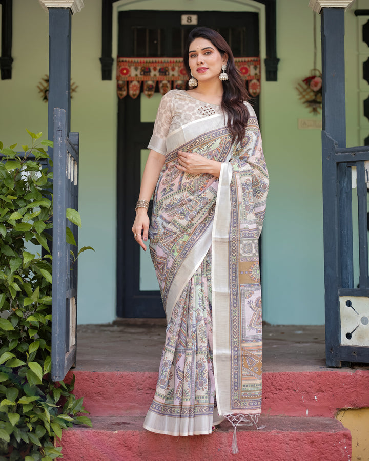 Cream and Pastel Multicolour Printed Pure Cotton Linen Saree with Blouse and Tassels on Edges