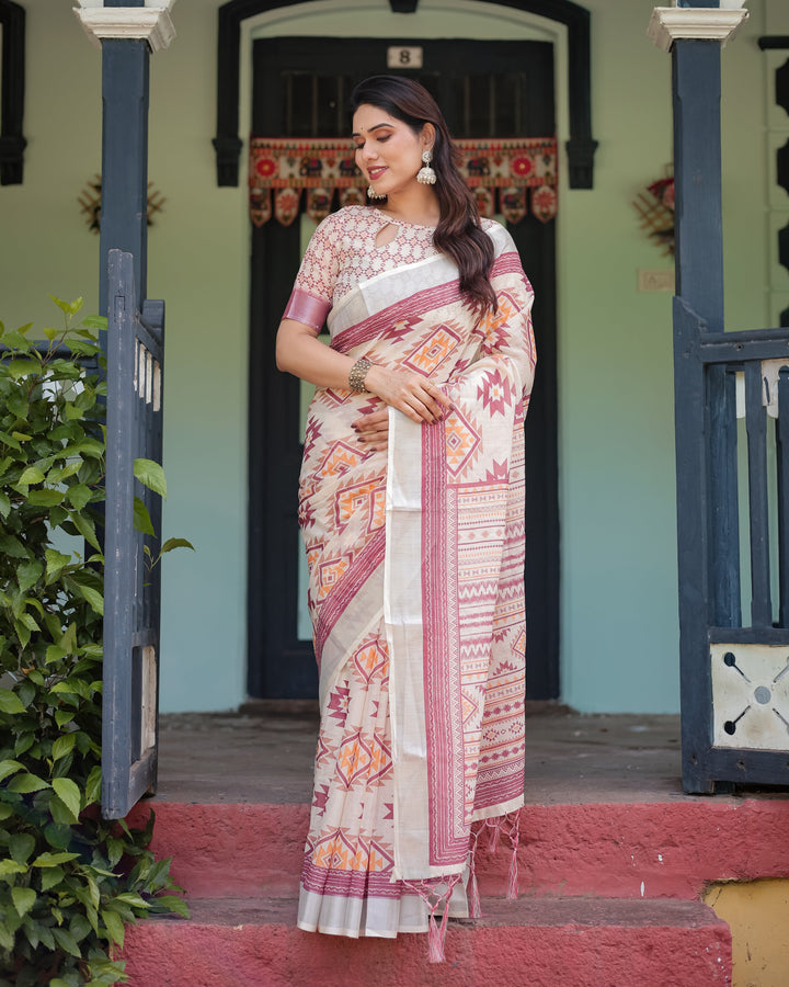 Cream and Maroon Geometric Printed Pure Cotton Linen Saree with Blouse and Tassels