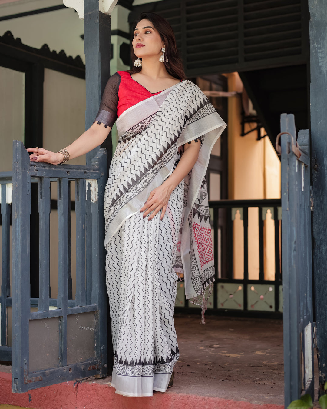 Black and White Geometric Pattern Pure Cotton Linen Saree with Red Accents, Blouse, and Tassel Details