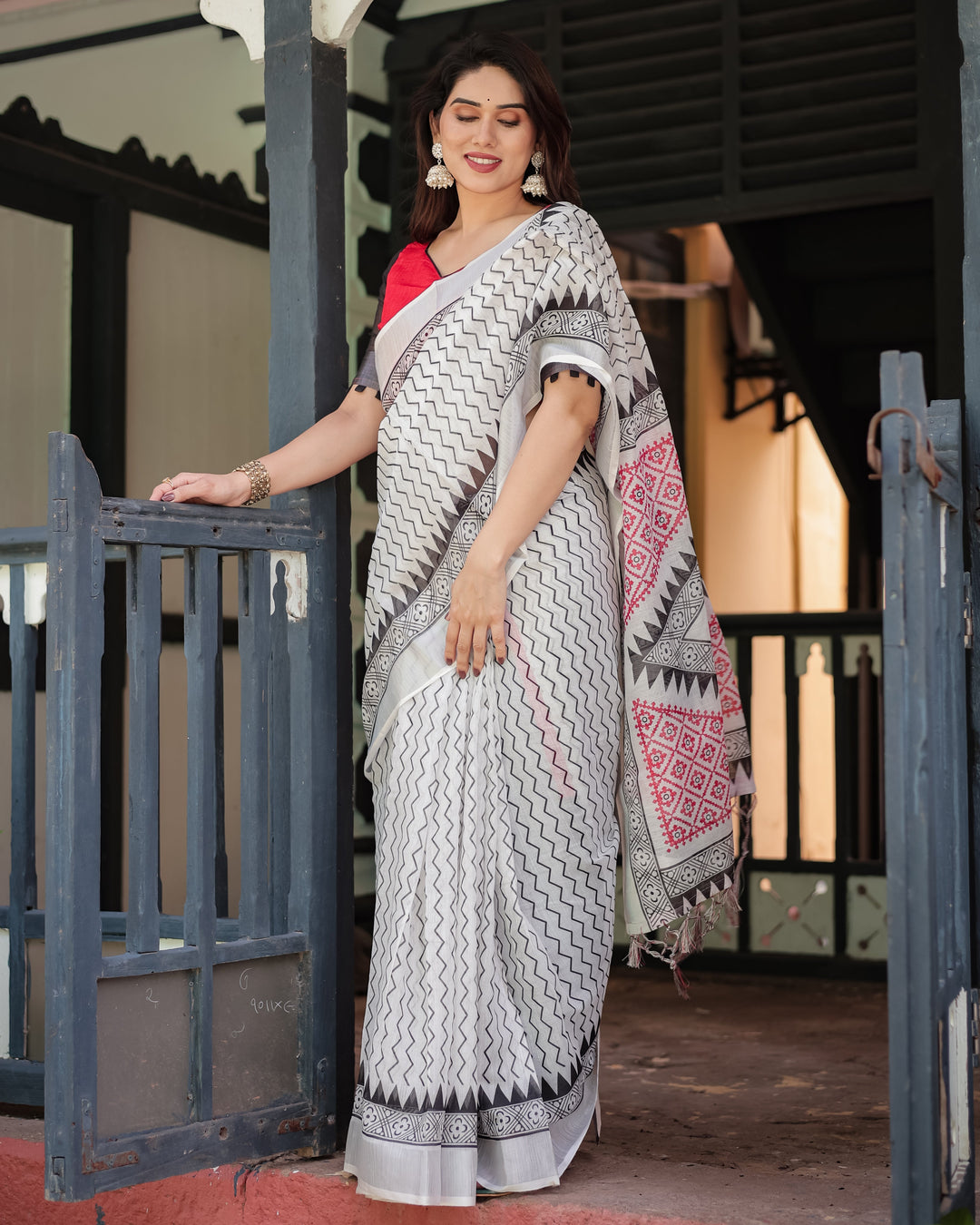 Black and White Geometric Pattern Pure Cotton Linen Saree with Red Accents, Blouse, and Tassel Details