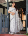 Elegant Pure Cotton Linen Saree with Intricate Grey and White Pattern, Complete with Blouse and Tassels