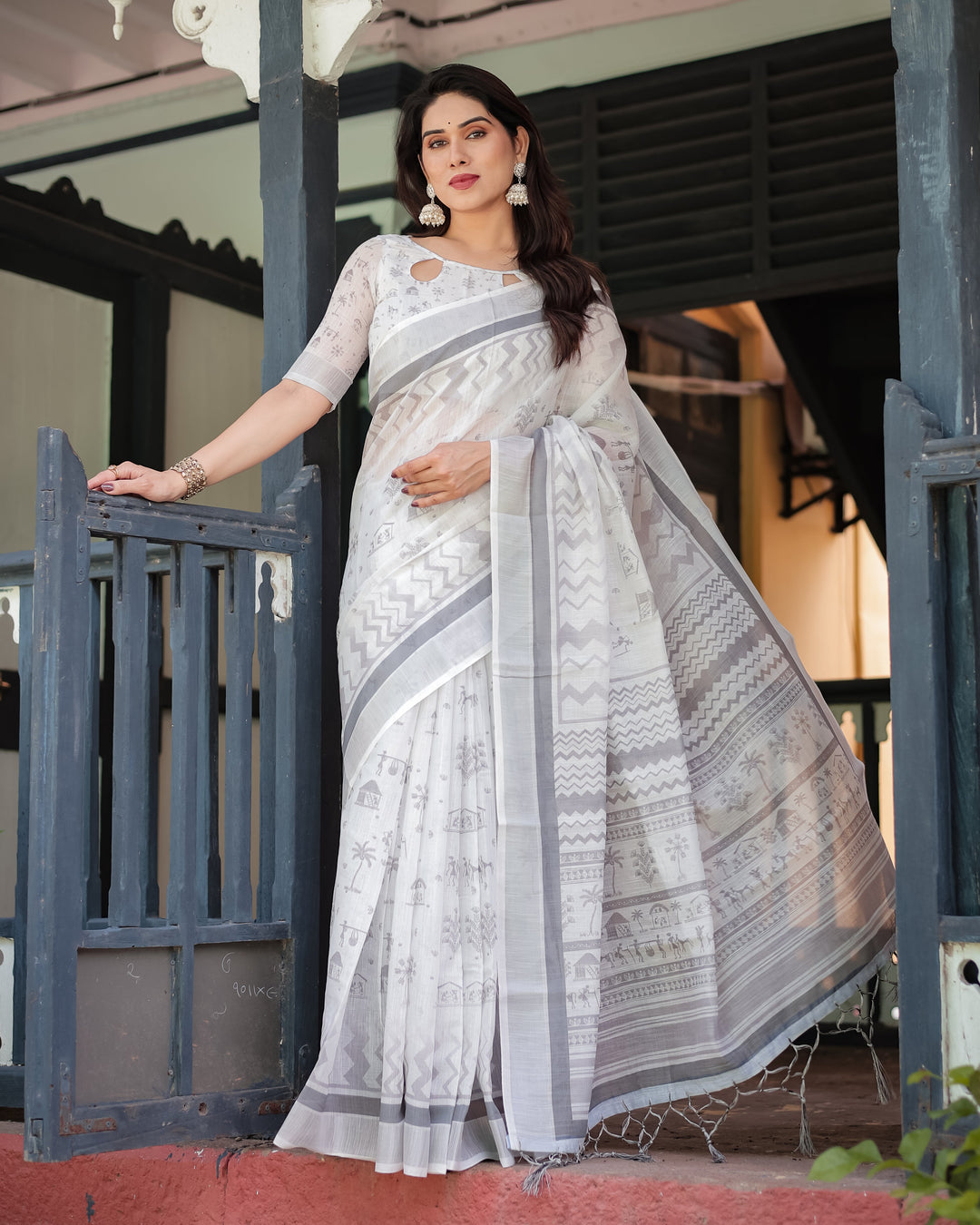 Elegant Pure Cotton Linen Saree with Intricate Grey and White Pattern, Complete with Blouse and Tassels