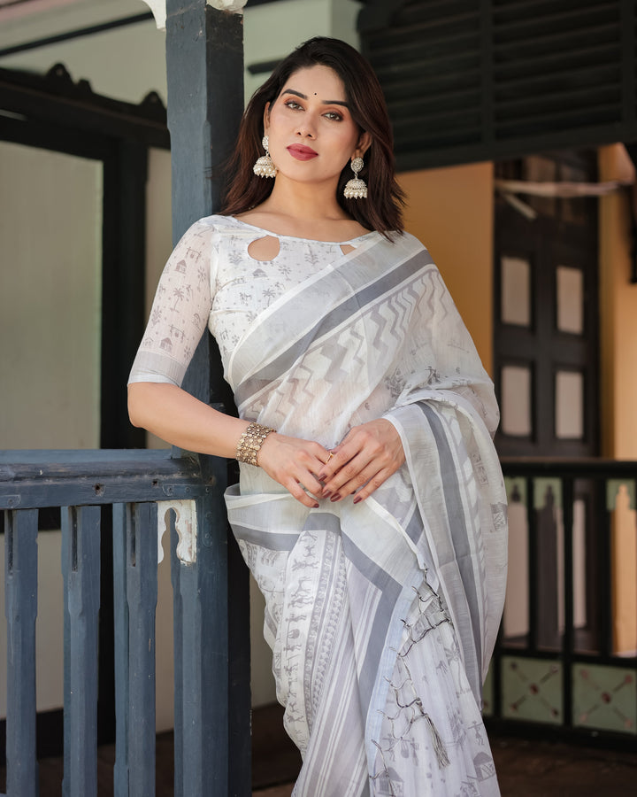 Elegant Pure Cotton Linen Saree with Intricate Grey and White Pattern, Complete with Blouse and Tassels