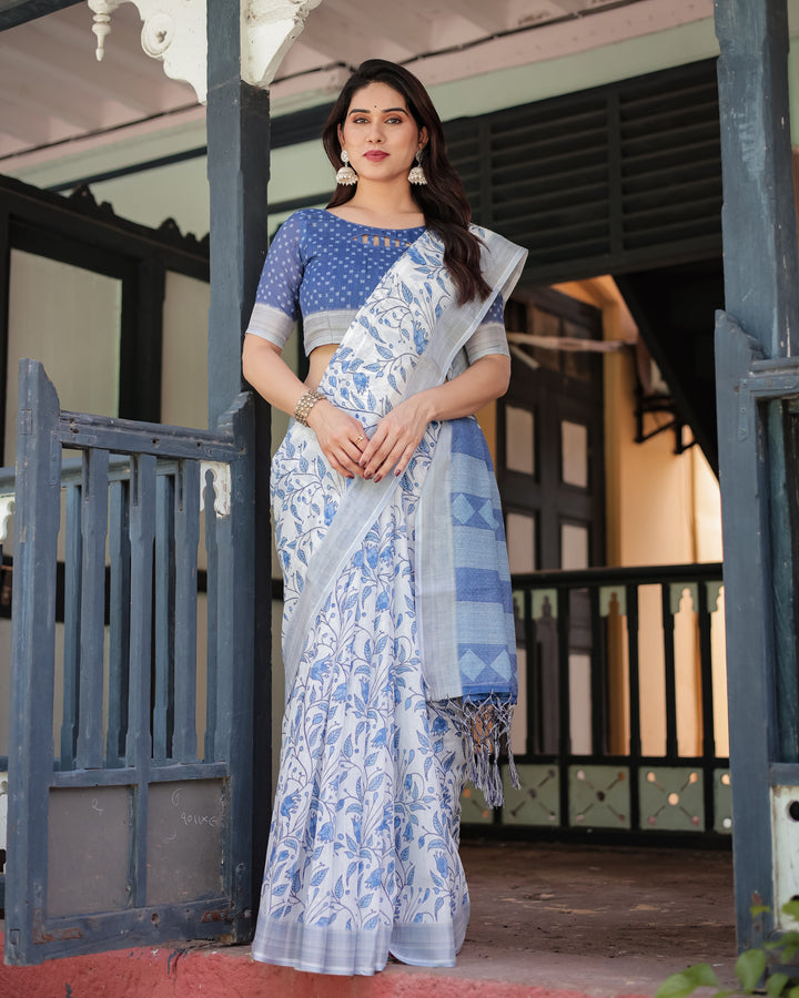 Blue and White Floral Pure Cotton Linen Saree with Blouse and Tassels