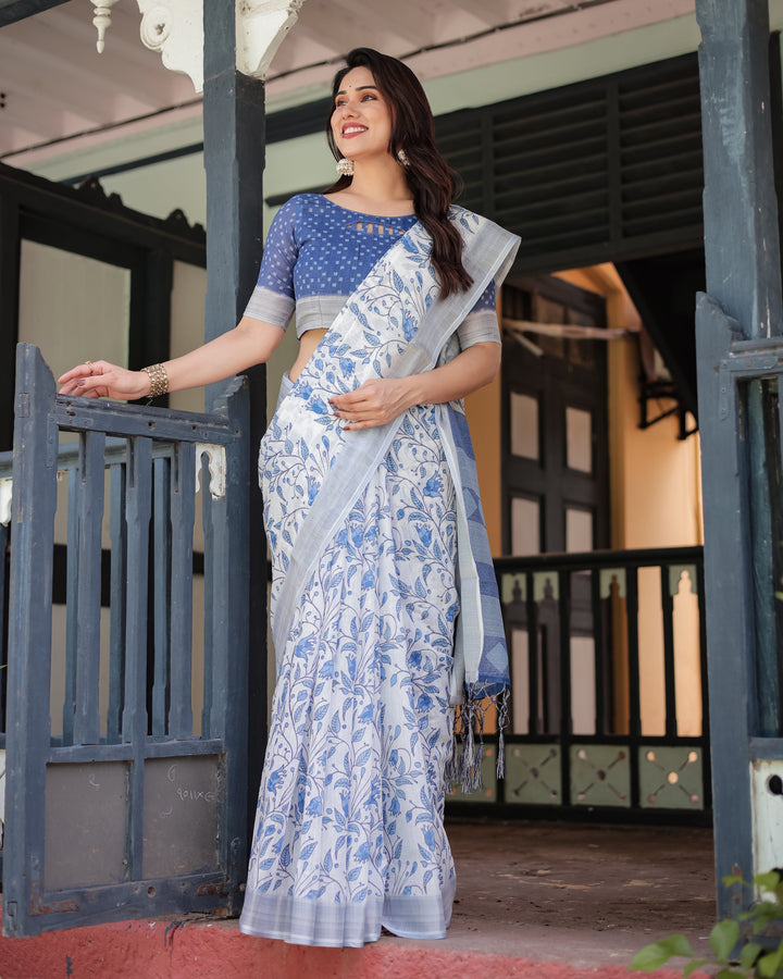 Blue and White Floral Pure Cotton Linen Saree with Blouse and Tassels