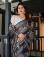 Black and White Pure Cotton Linen Saree with Intricate Floral Design and Tassels on Edges