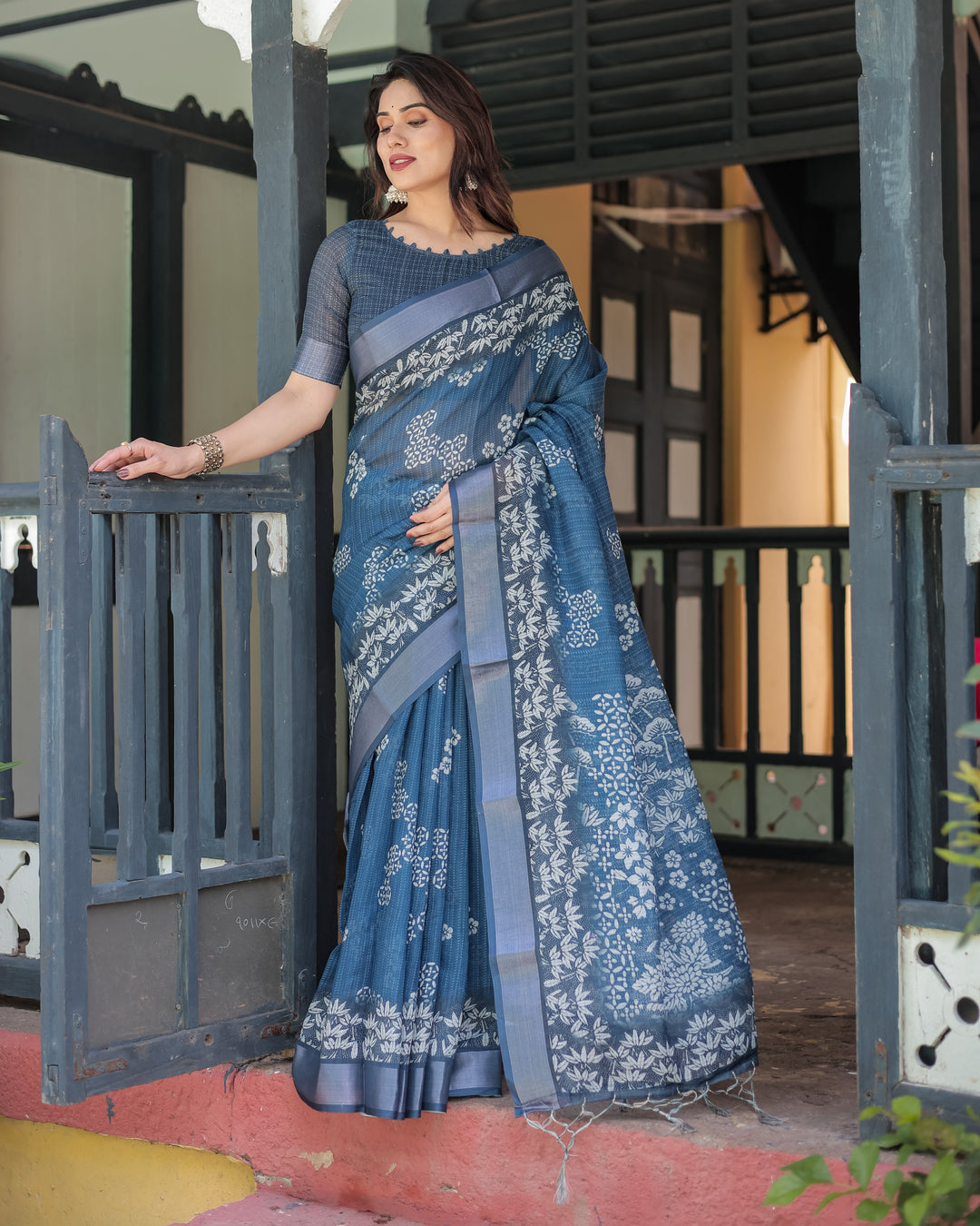 Indigo Blue Pure Cotton Linen Saree with White Floral Pattern, Blouse & Tassel Details