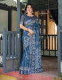 Indigo Blue Pure Cotton Linen Saree with White Floral Pattern, Blouse & Tassel Details