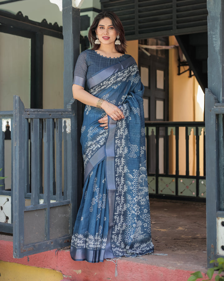 Indigo Blue Pure Cotton Linen Saree with White Floral Pattern, Blouse & Tassel Details