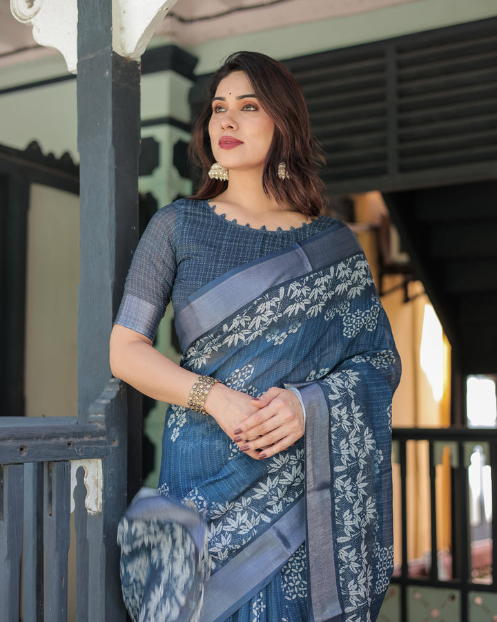 Indigo Blue Pure Cotton Linen Saree with White Floral Pattern, Blouse & Tassel Details