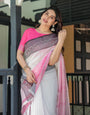 Elegant White and Pink Pure Cotton Linen Saree with Intricate Floral and Geometric Border Design and Tassels on Edges