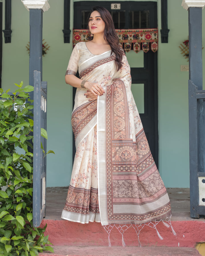 Cream and Brown Floral Print Pure Cotton Linen Saree with Blouse and Tassels on Edges