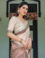 Cream and Brown Floral Print Pure Cotton Linen Saree with Blouse and Tassels on Edges