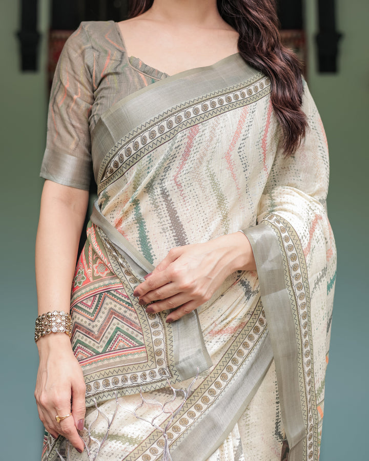 Cream and Olive Green Pure Cotton Linen Saree with Floral and Geometric Print and Tassels on Edges