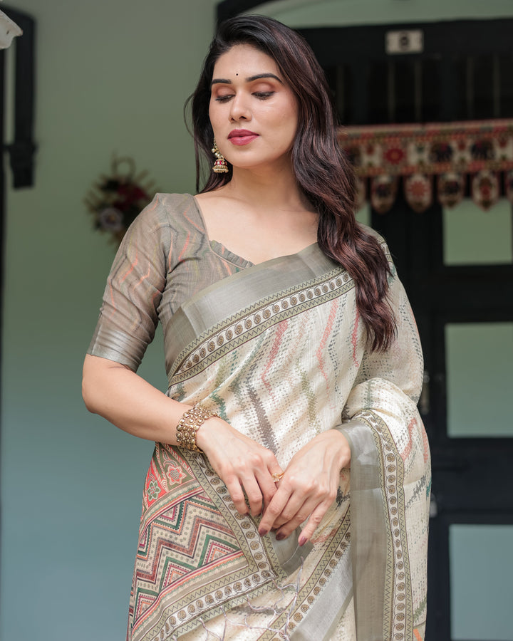 Cream and Olive Green Pure Cotton Linen Saree with Floral and Geometric Print and Tassels on Edges