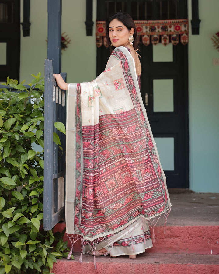 Off-white Pure Cotton Linen Saree with Intricate Geometric Pattern and Tassels on Edges