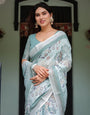 Mint Green Floral Pure Cotton Linen Saree with Blouse and Tassels