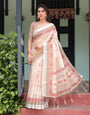 Beige and Pink Floral Printed Pure Cotton Linen Saree with Blouse and Tassels on Edges