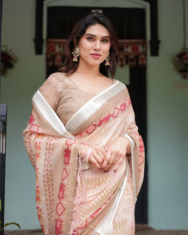 Beige and Pink Floral Printed Pure Cotton Linen Saree with Blouse and Tassels on Edges