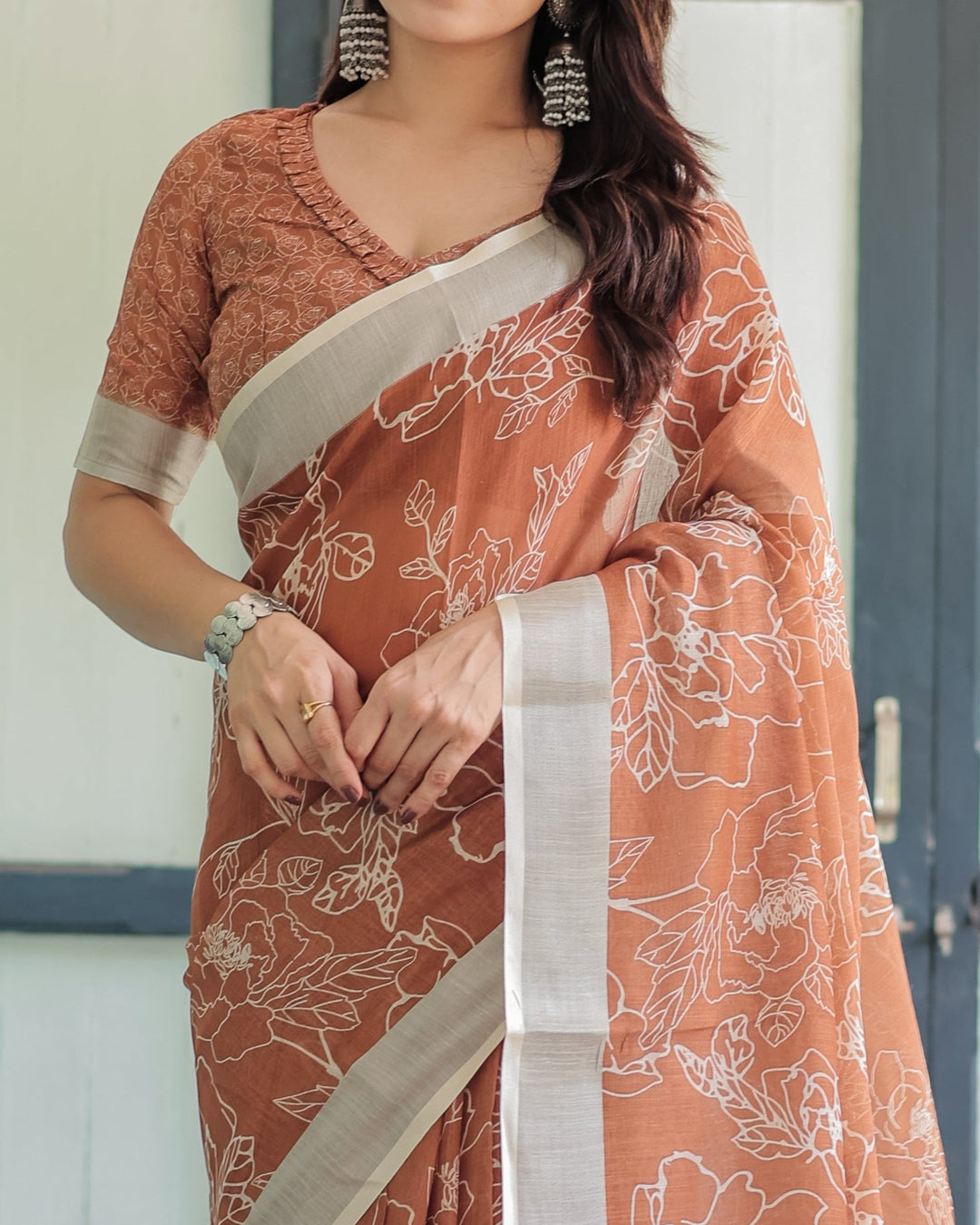 Terracotta Brown Floral Handprinted Pure Cotton Linen Saree with Tassels