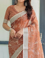 Terracotta Brown Floral Handprinted Pure Cotton Linen Saree with Tassels