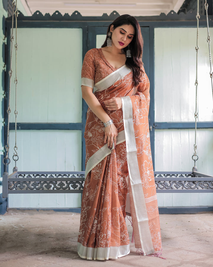 Terracotta Brown Floral Handprinted Pure Cotton Linen Saree with Tassels