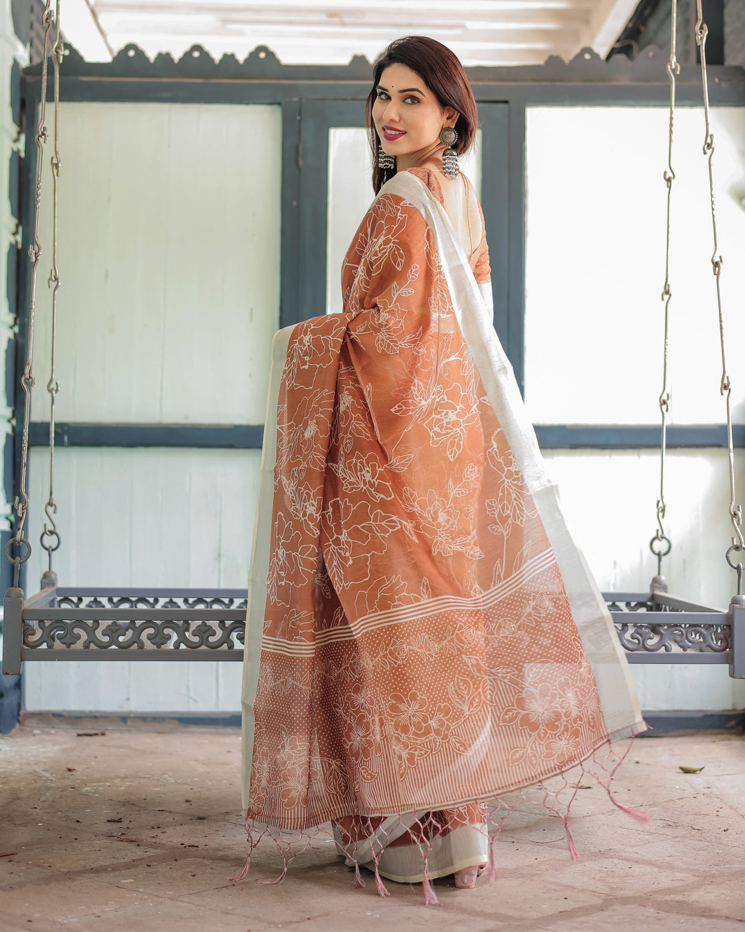 Terracotta Brown Floral Handprinted Pure Cotton Linen Saree with Tassels