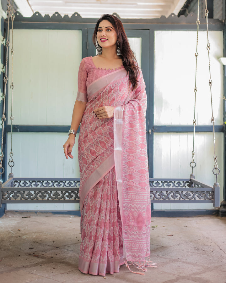 Elegant Rose Pink Pure Cotton Linen Saree with White Thread Work, Matching Blouse, and Tassel Edges