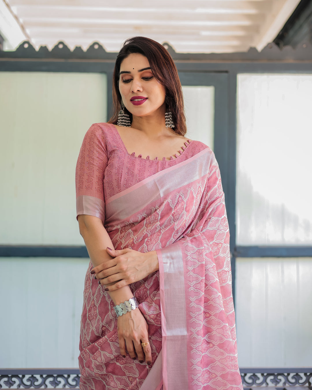 Elegant Rose Pink Pure Cotton Linen Saree with White Thread Work, Matching Blouse, and Tassel Edges