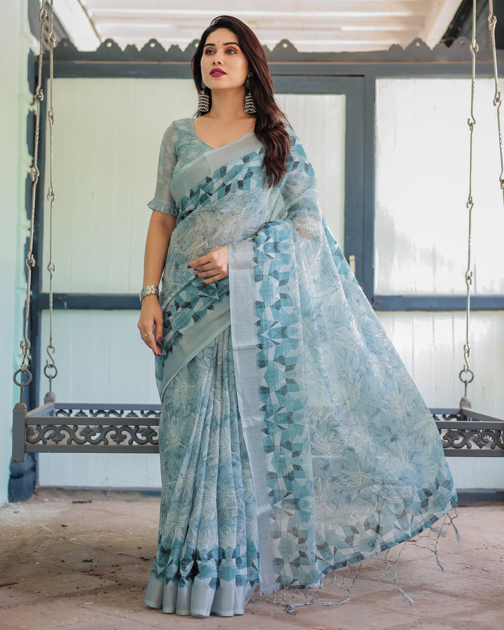 Light Blue Pure Cotton Linen Saree with Geometric and Floral Patterns, Blouse, and Tassels