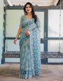 Light Blue Pure Cotton Linen Saree with Geometric and Floral Patterns, Blouse, and Tassels