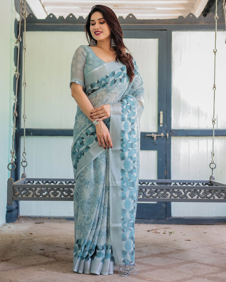 Light Blue Pure Cotton Linen Saree with Geometric and Floral Patterns, Blouse, and Tassels