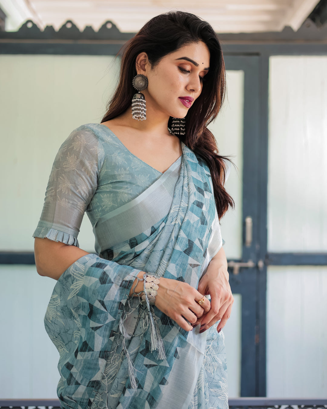 Light Blue Pure Cotton Linen Saree with Geometric and Floral Patterns, Blouse, and Tassels