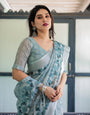 Light Blue Pure Cotton Linen Saree with Geometric and Floral Patterns, Blouse, and Tassels