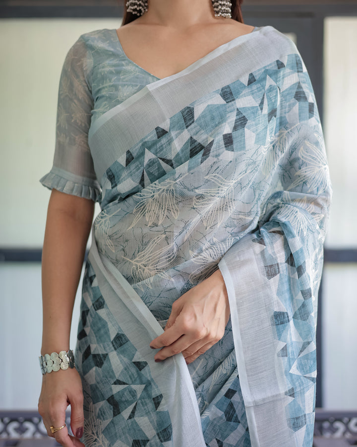 Light Blue Pure Cotton Linen Saree with Geometric and Floral Patterns, Blouse, and Tassels