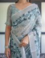 Light Blue Pure Cotton Linen Saree with Geometric and Floral Patterns, Blouse, and Tassels