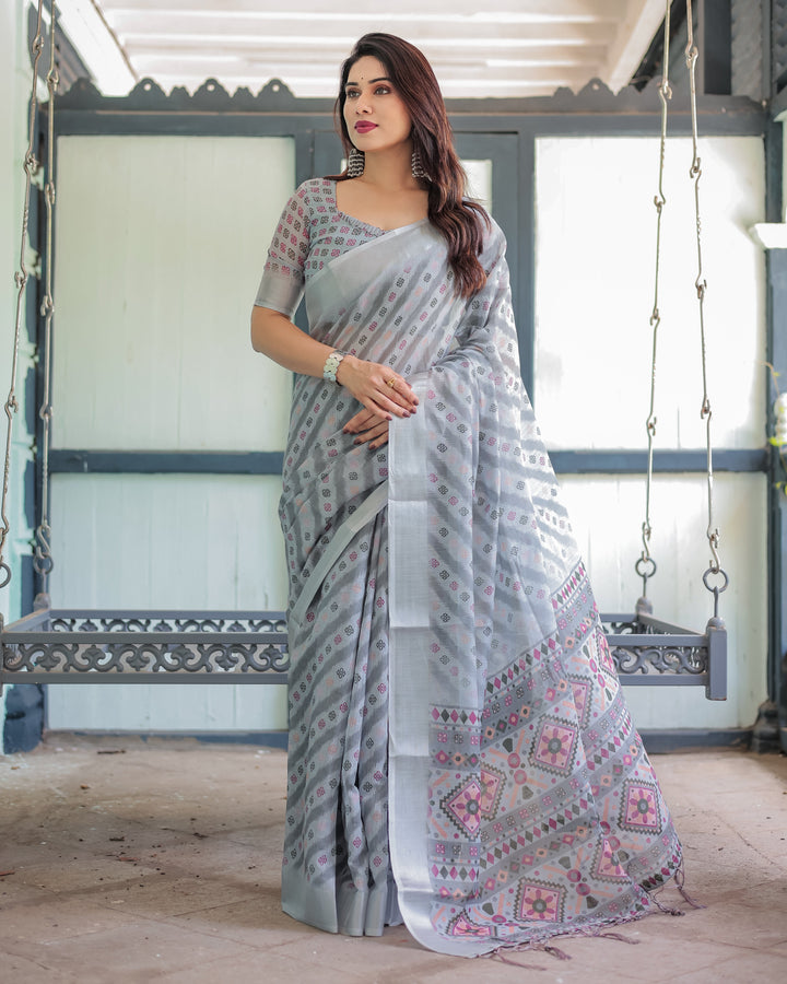 Grey Pastel Geometric & Floral Print Pure Cotton Linen Saree with Blouse and Tassels